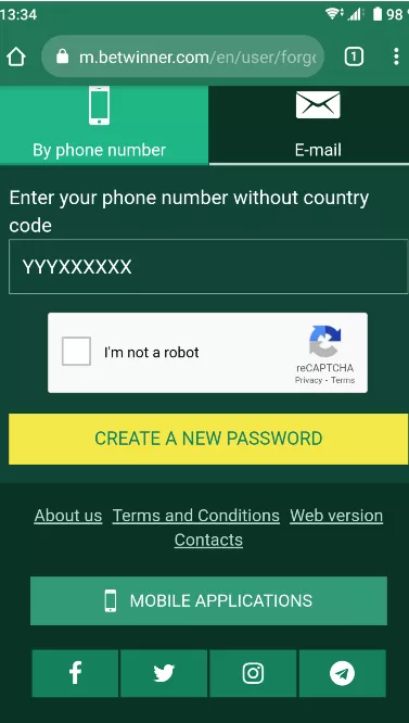 Betwinner password recovering form